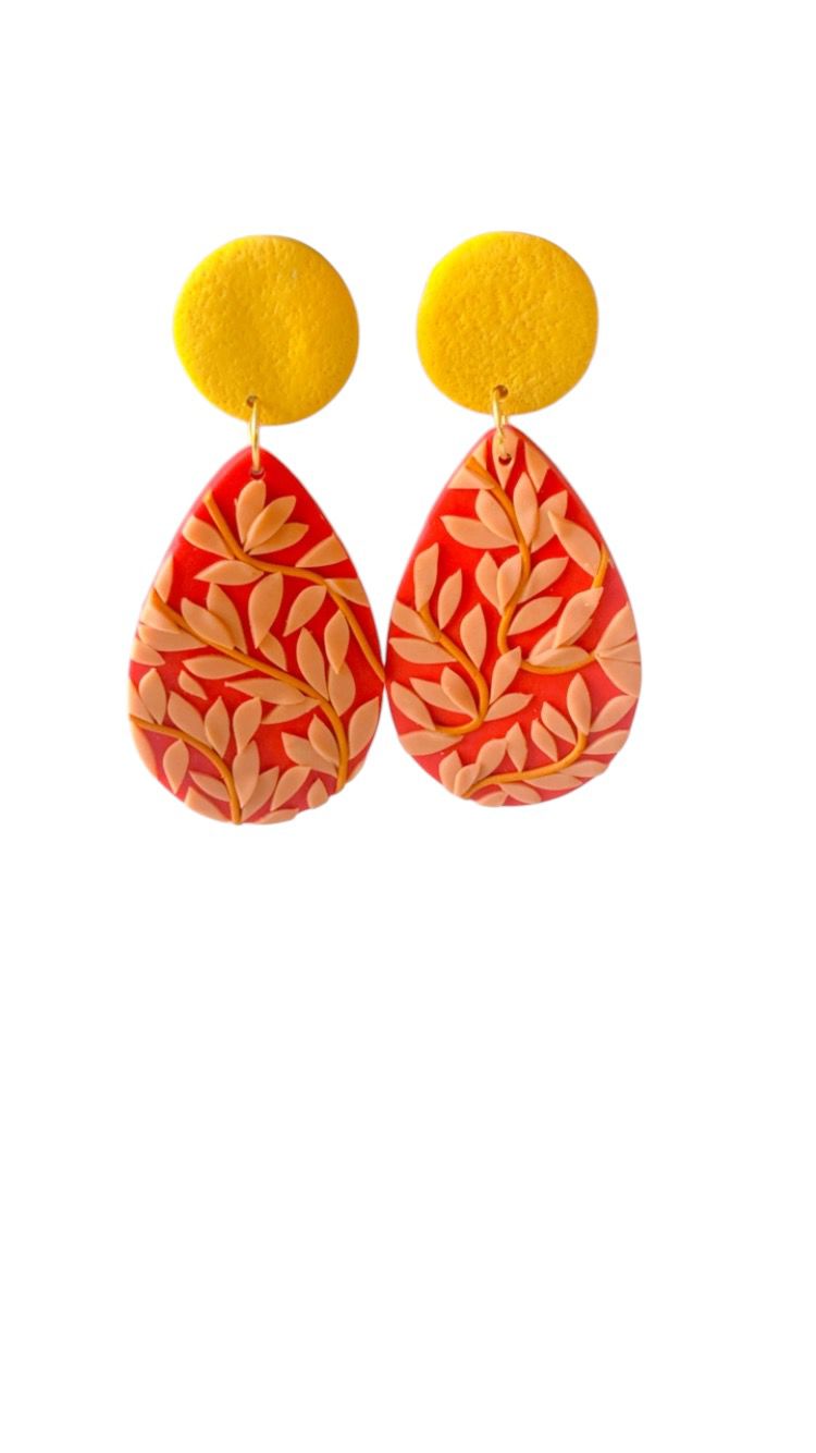 Aretes grandes de arcilla | Amarillo mostaza y rojo | Moda sostenible
