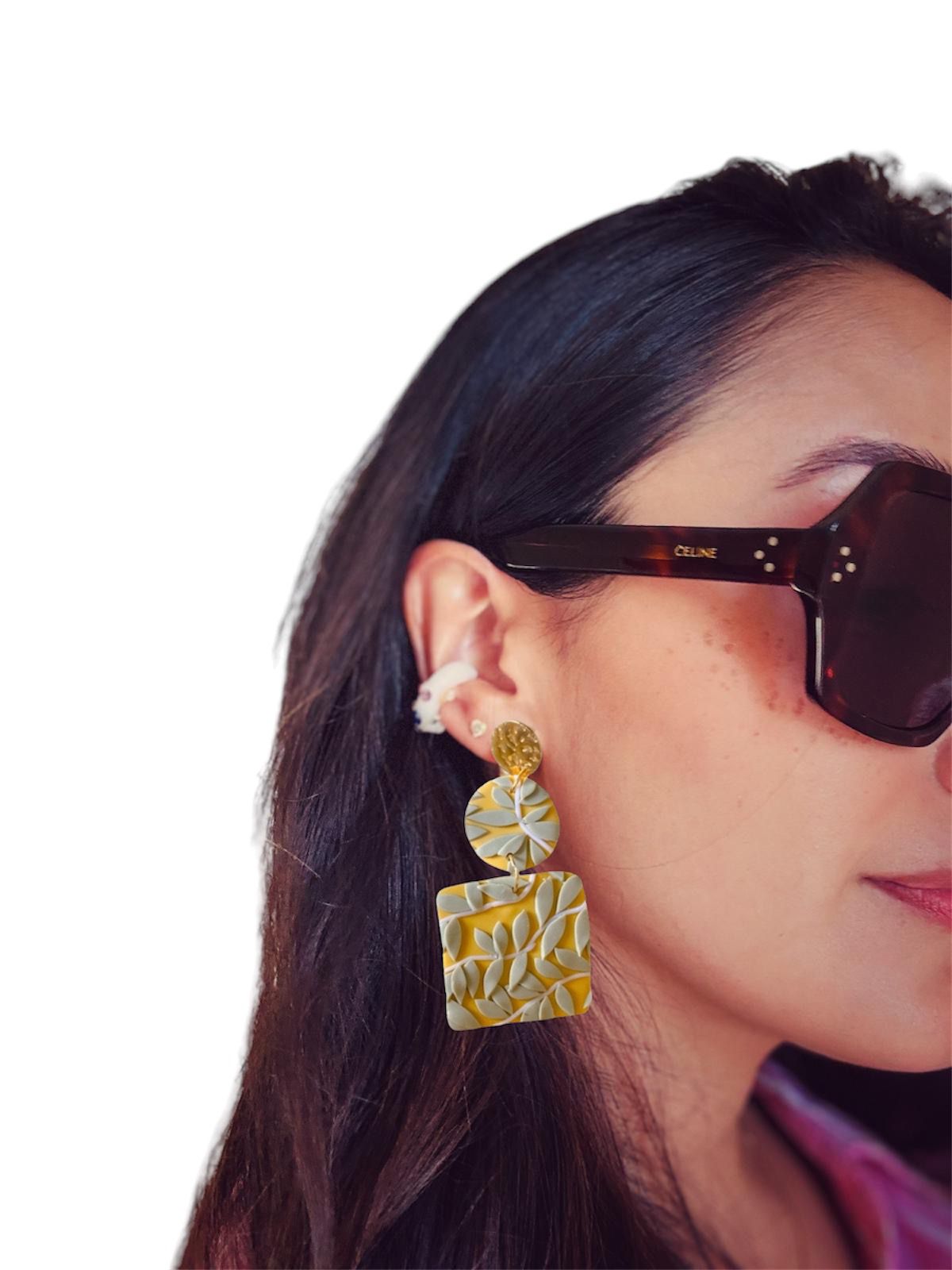 Aretes grandes | Forma geométrica | Detalles dorados | Inspiración botánica | Joyería de moda | Aretes para mujer