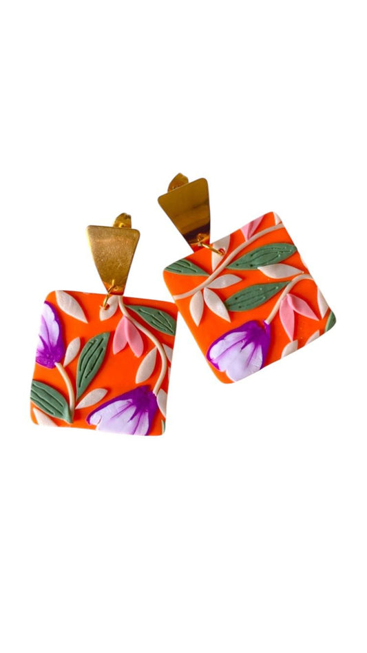 Pendientes cuadrados de arcilla | Flores tropicales | Estilo boho chic | Regalo para ella