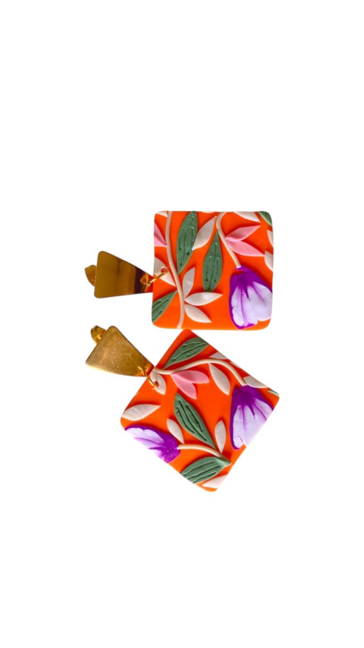 Pendientes cuadrados de arcilla | Flores tropicales | Estilo boho chic | Regalo para ella